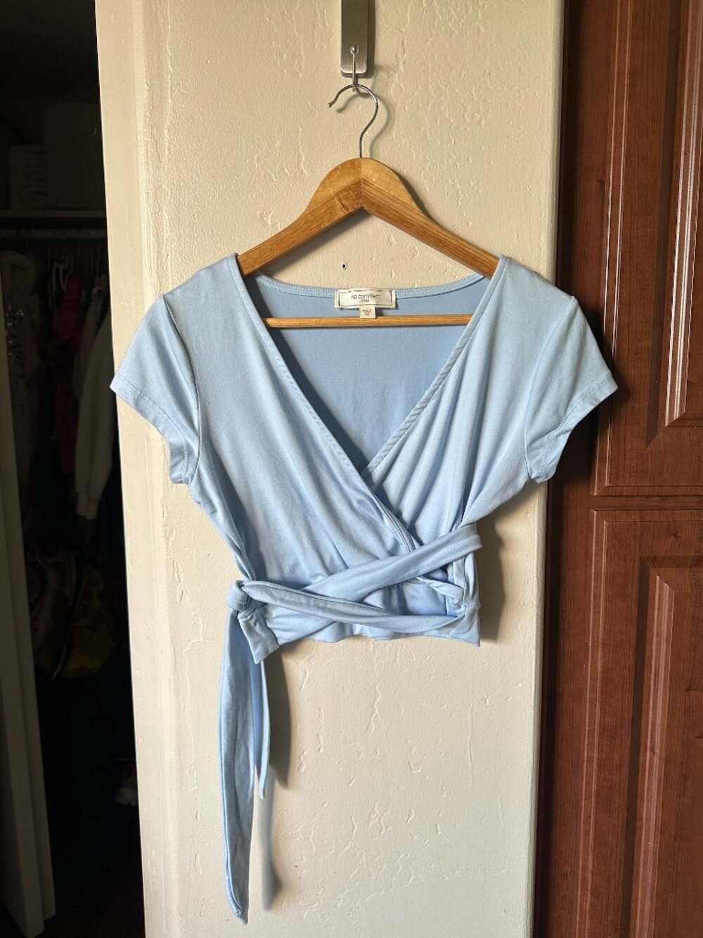 No Comment Baby Blue Wrap Crop Top – Size Medium